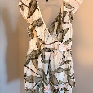 Express Leaf Print Wrap Blouse - Cream and Green